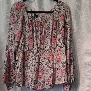 Torrid Pink and Gray Smocked Tie Front Blouse